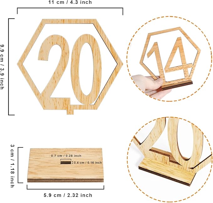 Wooden Table Numbers, Hexagon Shape 1-20 Wedding Table Numbers with Holder Base Rustic Hollow Out Wood Table Numbers Card for Wedding Party Event Catering Decoration (Hexagon)
