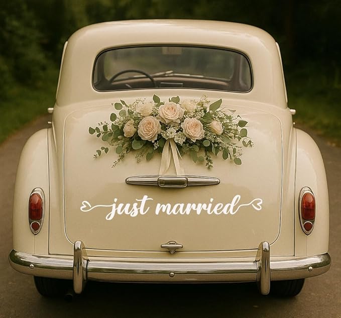 Just Married Vinyl Decal – White Wedding Car Sticker, 28 x 3.8 inch, Just Married Car Window Decal for Newlyweds, Waterproof Wedding Decoration for Rear Windshield or Bumper.