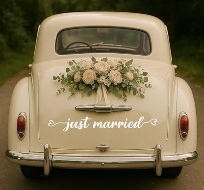 Just Married Vinyl Decal – White Wedding Car Sticker, 28 x 3.8 inch, Just Married Car Window Decal for Newlyweds, Waterproof Wedding Decoration for Rear Windshield or Bumper.