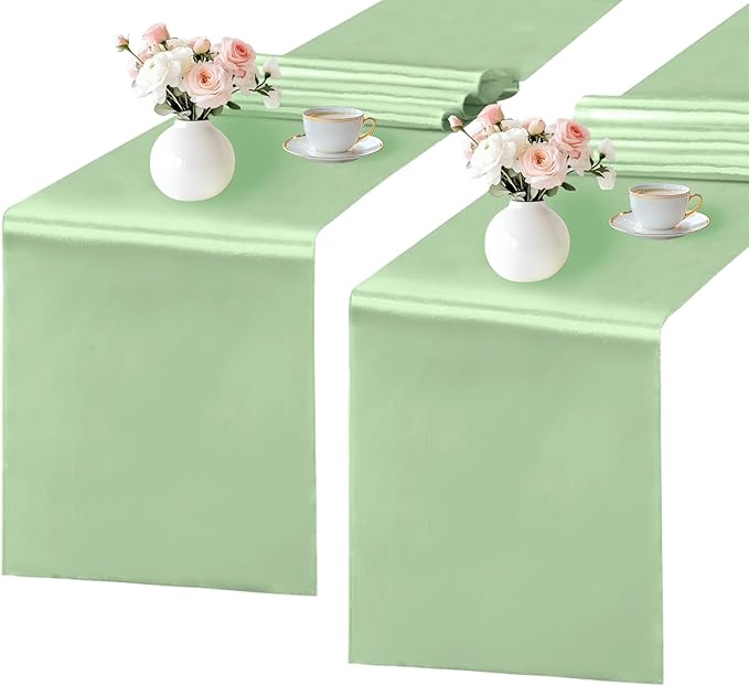 2 Pack Sage Green Satin Table Runner 12x108 Inches Long, Bright Silky Smooth Satin Table Runner Table Decor for Wedding Banquet Christmas Prom Event Birthday Party