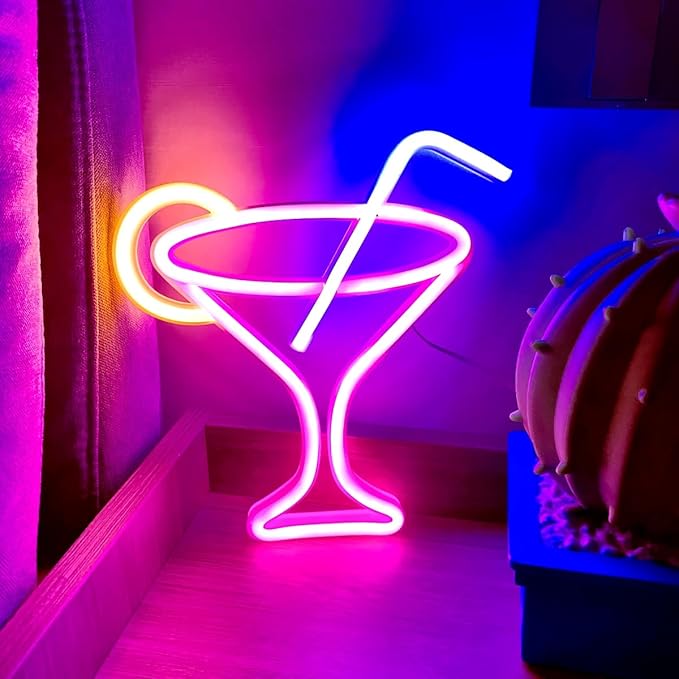 Cocktails Pink Neon Sign,Led Wine Glass Neon Light Battery and USB Dual Powered Bar Neon Night Light Signs for Wall Decor,Cocktails Night Lamp for Bar, Club, Cocktail Bar, Restaurant, Shop