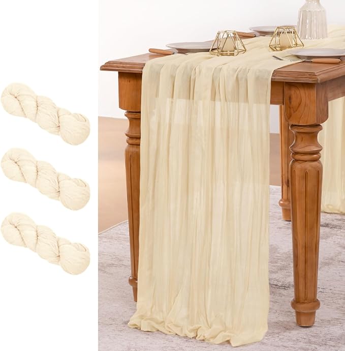 MLMW 3 Pack Beige Table Runner Cheesecloth Boho Gauze Rustic Cheese Cloth Table Runner 160 inch Sheer 13.3ft for Thanksgiving Wedding Party Baby Bridal Shower Birthday