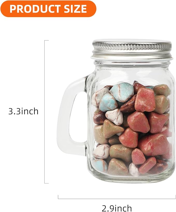 4 oz Small Mason Jar Mugs with Handle, 24 Pack Mini Glass Jars with Airtight Metal Lids, Empty Glass Mugs with Kraft Paper Gift Tag for Party Wedding Favor