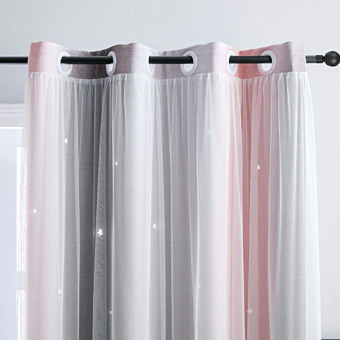 FANLI Ombre Rainbow Blackout Curtains for Kid Girls Bedroom Living Room Darking Stripe Double Layer Star Cut Out Wall Home Decor Gradient Grommet Window Curtains (Pink/Grey, 52W x 72L)