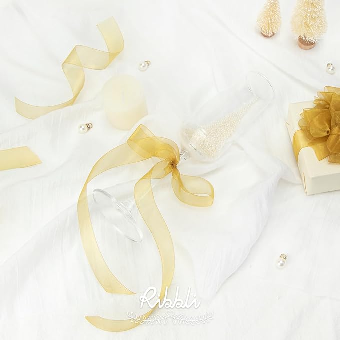 Ribbli Pale Gold Organza Ribbon,1/2 Inches x Continuous 50 Yard, Gold Sheer Ribbon for Gift Wrapping,Cookie Wrapping,Wedding Decoration,All Crafting and Sewing