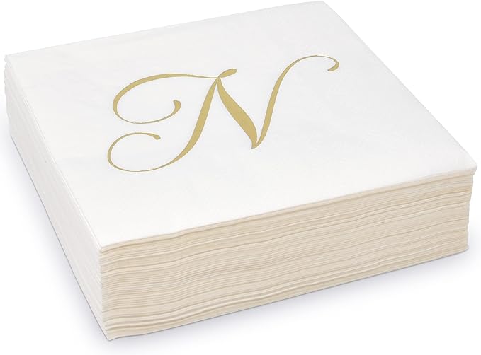 Gift Boutique 100 Gold Monogram Cocktail Napkins Letter N Disposable Paper Pack Elegant Metallic Golden Foil Hand Napkin for Powder Room Wedding Holiday Birthday Party Baby Shower Decorative Towels