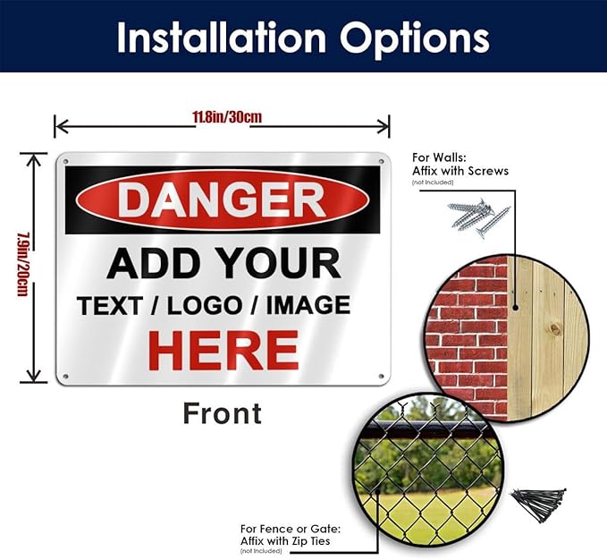 Custom Danger Signs Outdoor Metal - 12 x 8 Personalized Aluminum Caution Signs Rust-Proof Warning Sign Safety Signs for Home Business