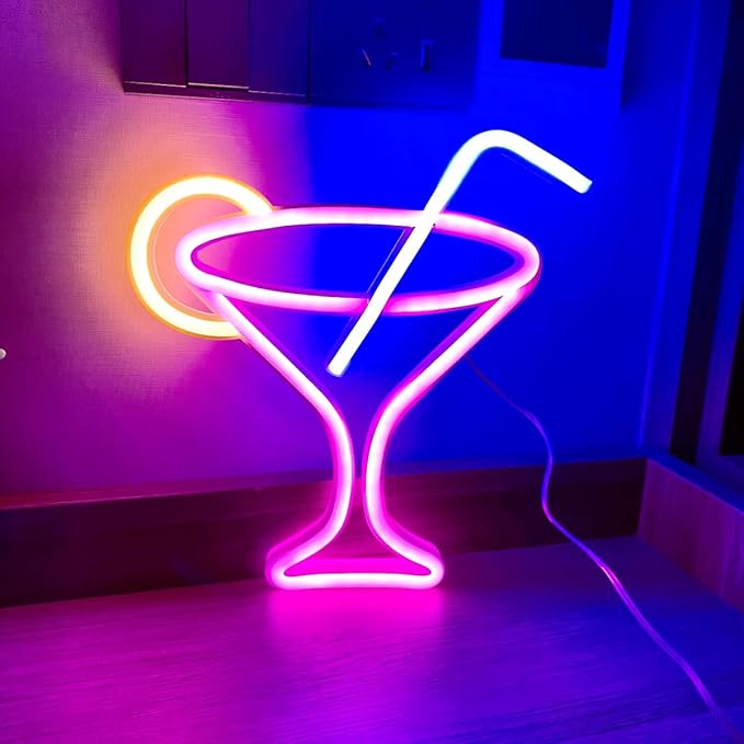 Cocktails Pink Neon Sign,Led Wine Glass Neon Light Battery and USB Dual Powered Bar Neon Night Light Signs for Wall Decor,Cocktails Night Lamp for Bar, Club, Cocktail Bar, Restaurant, Shop