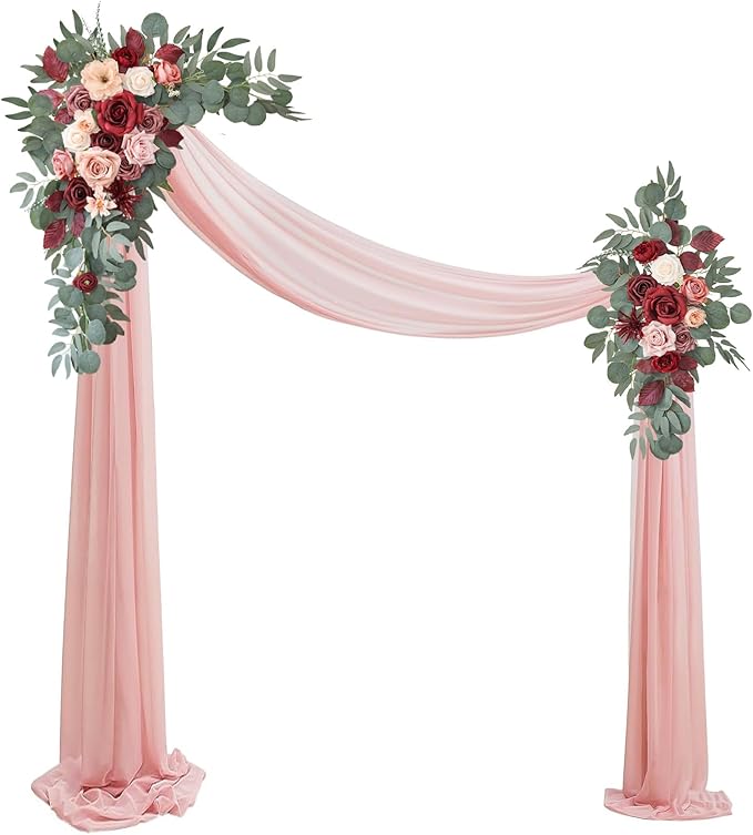 Artificial Wedding Arch Flowers Kit(Pack of 3),2Pcs Artificial Flower Arch Decor,1Pcs Sheer Drape for Wedding Ceremony Arbor for WeddingCeremony (Cream red)