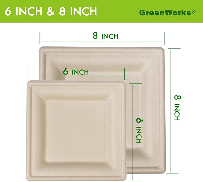 GreenWorks 6 inch and 8 inch Heavy-duty Compostable Plates (each 50 Count), 100 Count Bagasse and Bamboo Fiber Disposable Paper Plates