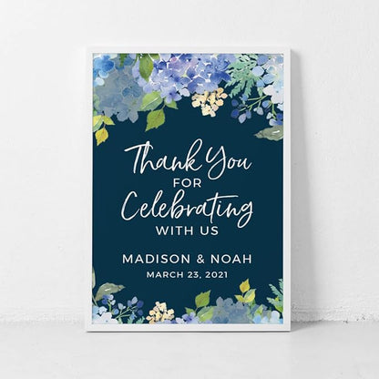 Andaz Press Personalized Extra Large Wedding Easel Board Party Sign, 12x18-inch, Baby Blue Hydrangea Floral Flowers on Navy, Thank You for Celebrating With Us Bride Groom Name Date, 1-Pack, Custom