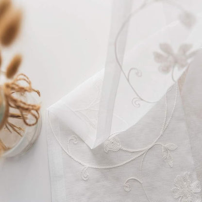 Floral Embroidery Sheer Curtains White 45 Inch Length, Rod Pocket Voile Drapes for Living room, Bedroom, Window Treatments Semi Crinkle Curtain Panels for Yard, Villa, Parlor, Set of 2, 52"x 45".