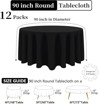 12 Pack Black Round Tablecloth 90 Inch Black Table Cloth Stain and Wrinkle Resistant Reusable and Washable Polyester Fabric Table Covers for Buffet Wedding Party and Banquet