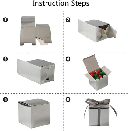 COTOPHER 100pcs Wedding Favor Boxes, Paper Gift Boxes 3x3x3 Inches Small Gift Boxes with Ribbons Small Boxes for Gifts, Crafting, Cupcake, Candy, Bridesmaid Proposal Boxes (Metallic Silver)