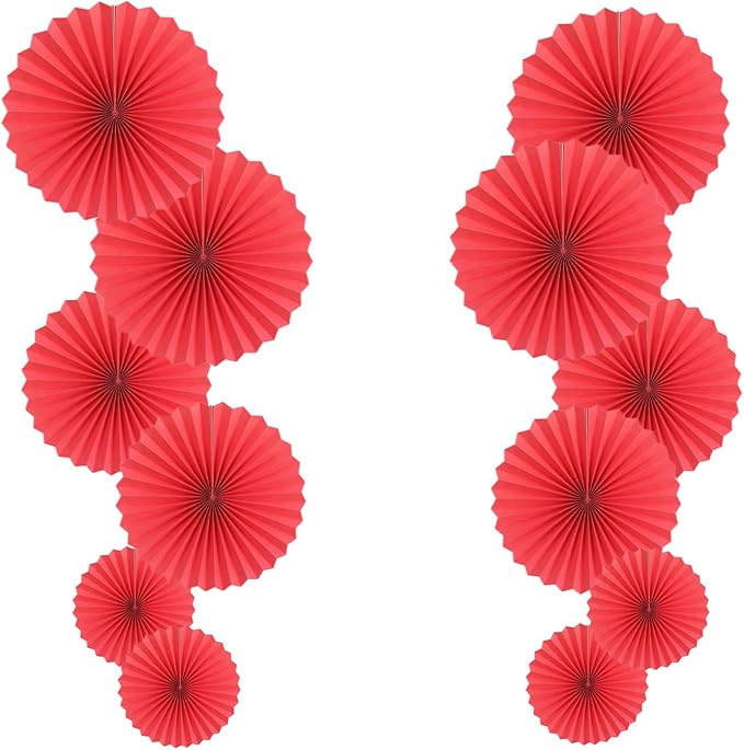 HQZ Red Party Hanging Fans DIY Set - 12pcs Pinwheels & Flowers for Weddings, Birthdays, Christmas; Hanging Fan Decorations