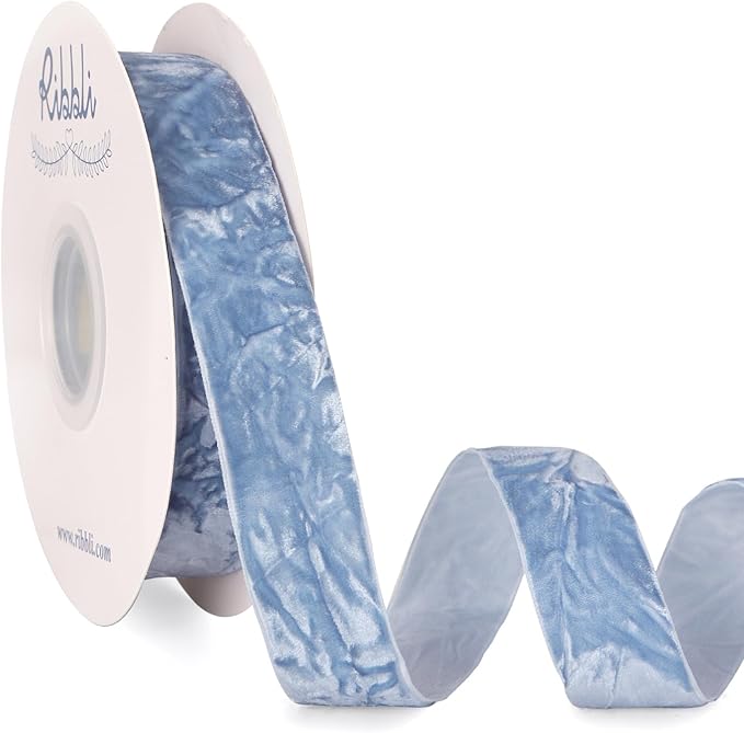 Ribbli Dusty Blue Velvet Ribbon 1 Inches Luxury Crinkled Blue Christmas Ribbon for Gift Wrapping Crafts Home Decor-Continuous 10 Yard