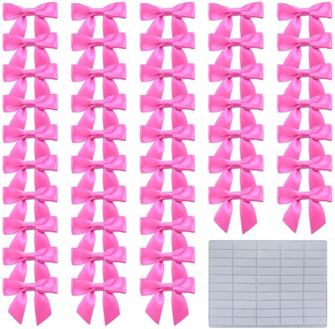 2.5" Hgzgch Pink Satin Ribbon Bow for Gift Wrapping, Premade Bows for Crafts, Cake, Party Favors, Handmade Bows with Double-Sided Tape, Self Adhesive Gift Bows for Presents, Treats, Christmas - 50pcs