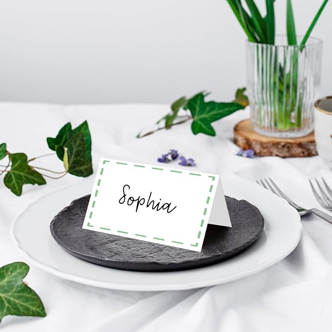 25 Pack Green Lines Place Cards, Editable Name Cards for Table Setting, Tent Cards Food Label for Dinner Party, Bridal Shower, Wedding, Baby Shower and Events -T20