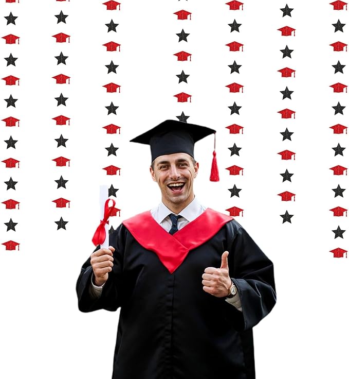 Red-Black Graduation-2025 Class Party-Decorations Garland - Congrats Grad Hat Star Banner Streamers,Senior High School Night College Congratulations Decor Supplies Ouruola