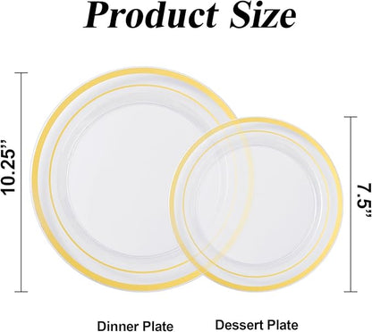 100PCS Clear Gold Plastic Plates Set, 50 10.25 inch Dinner Plates and 50 7.5 inch Dessert Plates, Disposable Plates for Party, Wedding