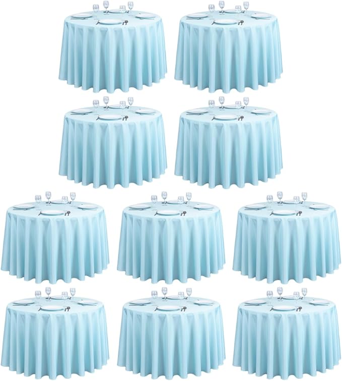 LTC LINENS 10 Pack 108 Inch Round Tablecloths Baby Blue - Bulk for 48 Inch Round Table Floor Length - Wrinkle Resistant Polyester Fabric Cloth for Wedding, Baby Shower