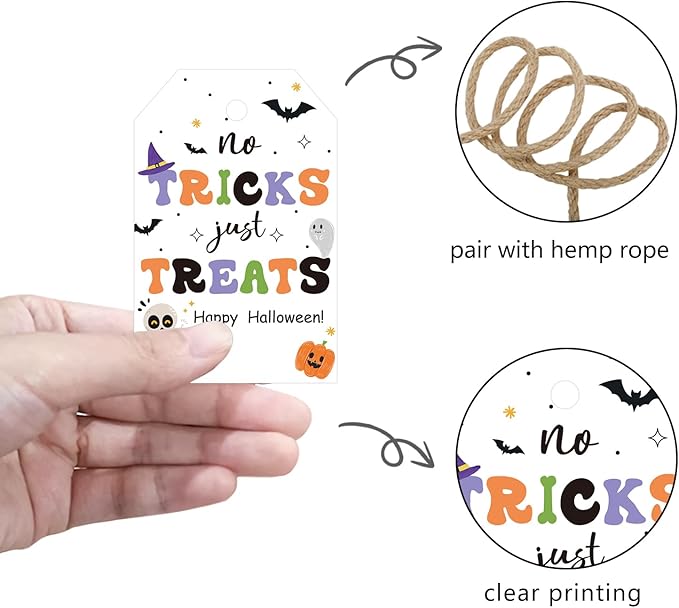 Aukolass 50pcs Trick Or Treat Favor Tags, Happy Halloween Day Gift Tags and Gift Wrapping Decoration(Treats)