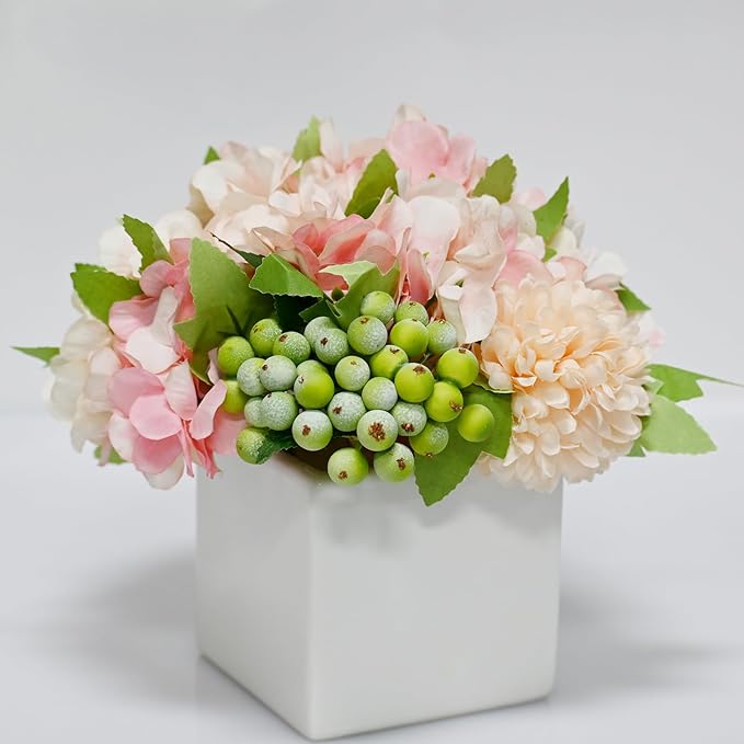 LADADA Artificial Hydrangea Flower Arrangement in Ceramic Vase and Vase Home Decoration Artificial Flower (Pink)