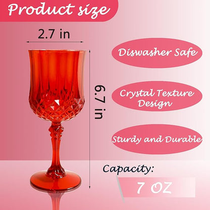 Plastic Wine Glasses，Plastic Goblets Vintage Style Cordial Drinking Glasses for Wedding Reception, Christmas Grand Event Party Supplies (12, Red)