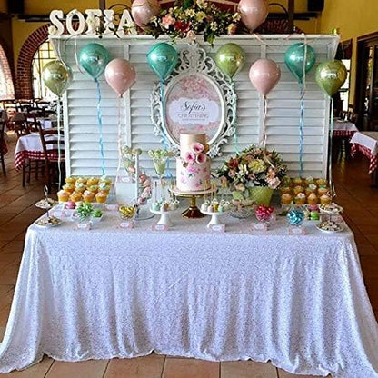 QueenDream Sparkly Sequin Tablecloth - White Table Cloth 50x80 Inches Rectangle Table Overlay Fabric for Birthday Parties Baby Shower Decoration