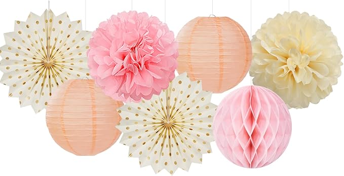 Pink Peach Gold Party Decorations - 14pcs Bridal Baby Shower Girls Birthday Paper Lanterns Fan,Tissue Pom Poms Streamers,Honeycomb Balls,Engagement Wedding Bachelorette Brunch Decor Lasting Surprise