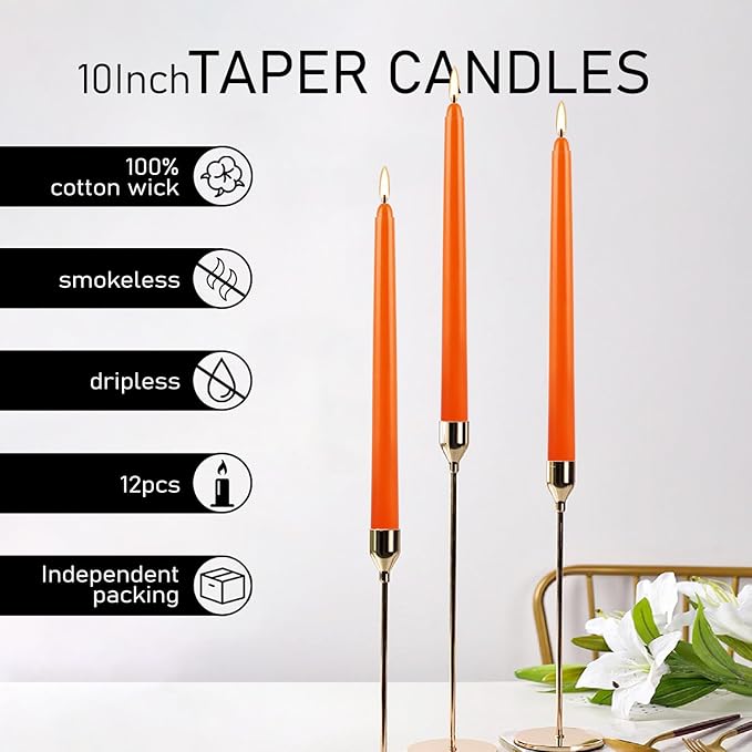 12-Pack Orange Taper Candles - 10 Inch Unscented Dripless Candlesticks, Long Burning for Halloween, Thanksgiving, Fall Decor & Dinner Parties