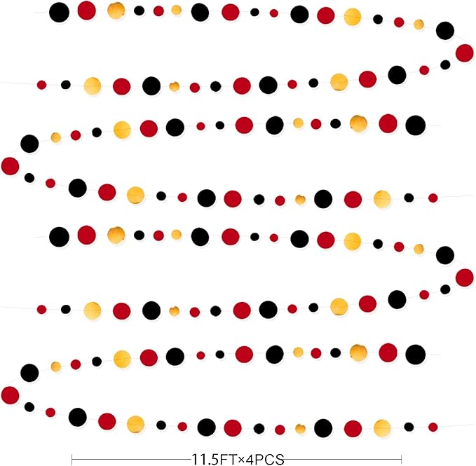 Gold Black Red Party Decorations Circle Dots Streamer Hanging Paper Polka Dots Garland for Graduation Birthday Wedding Anniversary Baby Shower Holiday Pirate Poker Casino Las Vegas Party Supplies