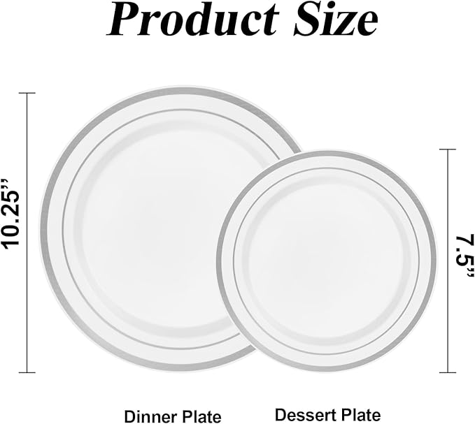 200PCS Silver Plastic Plates Set, 100 10.25 inch Dinner Plates and 100 7.5 inch Dessert Plates, Premium Disposable Plates for Party, Wedding