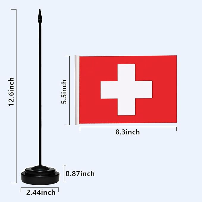 Switzerland Swiss Deluxe Desk Flag Set Small Mini Miniature Switzerland Swiss Table Desktop Flags With Solid Pole, Black Base and Spear Top(2 Pack)