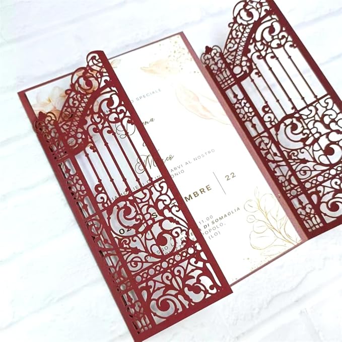 MillaSaw Burgundy Fence Laser Cut Wedding Invitation Card For Marriage Valentine Birthday Party 25 Sets (burgundy, 4.9"x7.1")