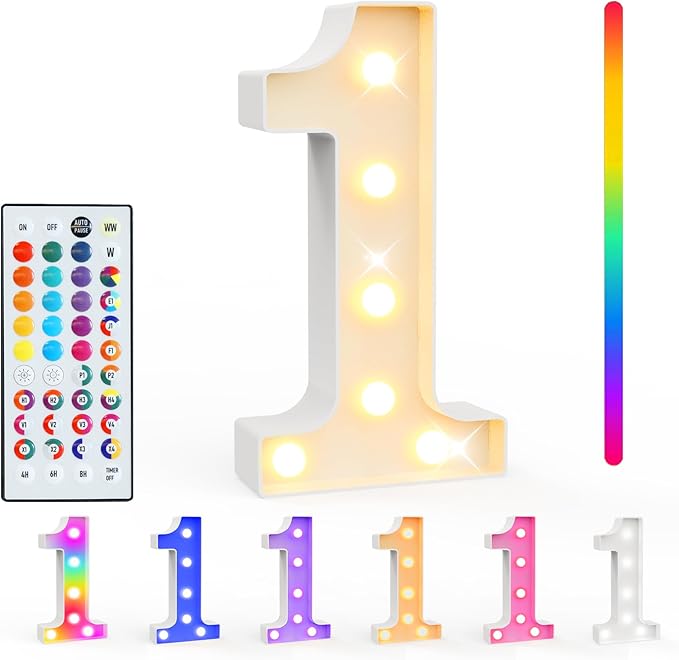 Pooqla Colorful Light Up Numbers, 35 Colors LED Marquee Number Lights for 1st Birthday Decorations with Remote, RGB Lighted Numbers Gift for Girls Boys for Party, Night Light, Room Decor, Number 1