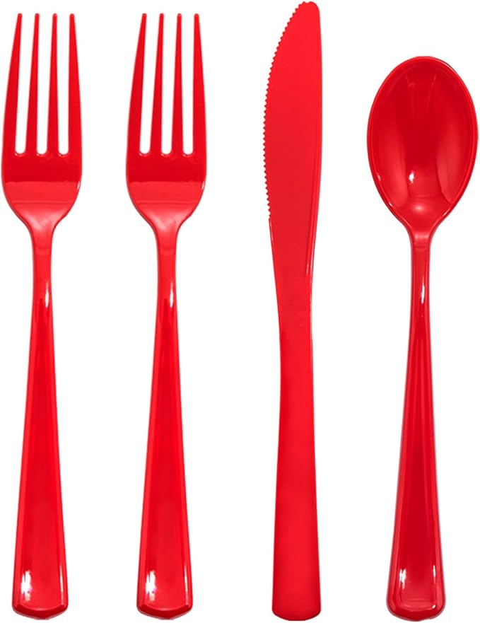 WDF 160 Piece Heavy Duty Silverware - Red Plastic Utensils with 80 Forks, 40 Spoons, 40 Knives - Perfect for Christmas Parties & Daily Use