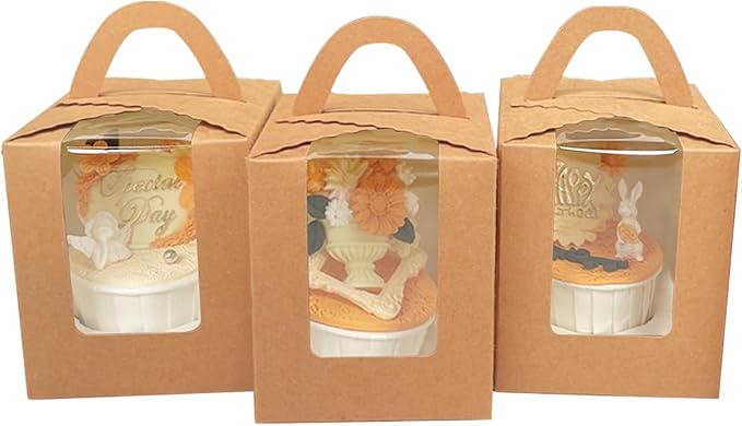 Bakepacker Auto-pop up Individual Cupcake Boxes with Window 25 Count Brown Single Cupcakes Box 3.6 x 3.6 x 4.3inch Cupcake Carrier