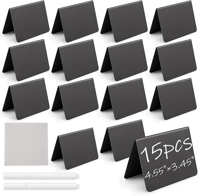 15 Pcs 4"x3" Mini Chalkboard Signs for Food, Reusable PVC Food Labels, Reserved Table Signs for Party Buffet, Birthdays, Bakery, Weddings Table Numbers, Buffet Display, Place Cards, Name Tag
