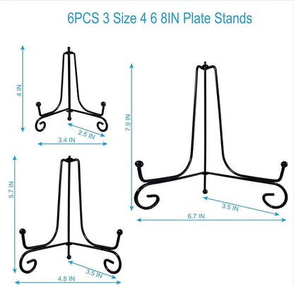 6PCS 3 Size Black Iron Plate Stands for Display - 4, 6, 8 Inch Decorative Metal Plate Holders - Mini Easel, Frame, Book, Card, Plaque, Bowl, Picture Display Stands