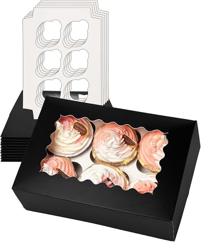 Bakepacker Auto-pop up 6 Cupcake Boxes with Window 20 Count Black Box 9.4 x 6.1 x 3 inch Cupcake Carrier