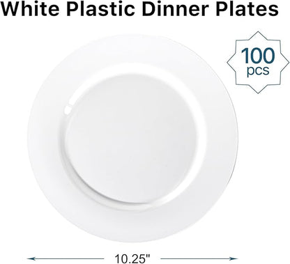 N9R 100PCS White Plastic Plates, 10.25inch Heavy Duty Plastic Disposable Plates, Premium Elegant Dinner Plates for Party