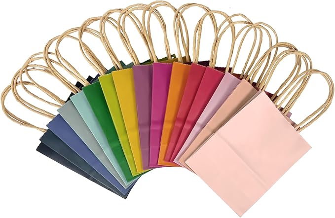 qiqee 32 Pcs Mini Paper Gift Bags with Handles 6"x4.5"x2.5" Small Brown Kraft Party Favor Bags 16 Different Senior Color Rainbow Treat Bags Multiple Uses (Mini size)