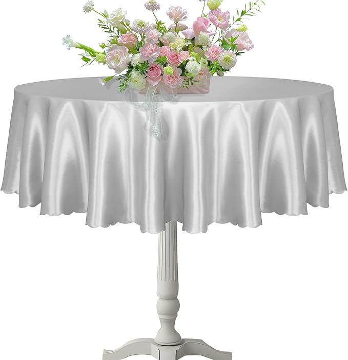 KKJIAF 1 Pack 60 Inch / 5ft Round Table Cloth, Silver Overlay Round Satin Table Cover, Silky Satin Dining Tablecloths for Wedding Buffet Parties Banquet Decoration