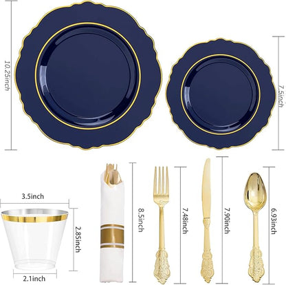 Liacere 350PCS Navy Blue Plastic Plates-Disposable Blue Gold Plates 50guest Plastic Dinnerware include 100Plates,50Pack Pre Rolled Napkins with Silverware 50Cups for Wedding＆Halloween