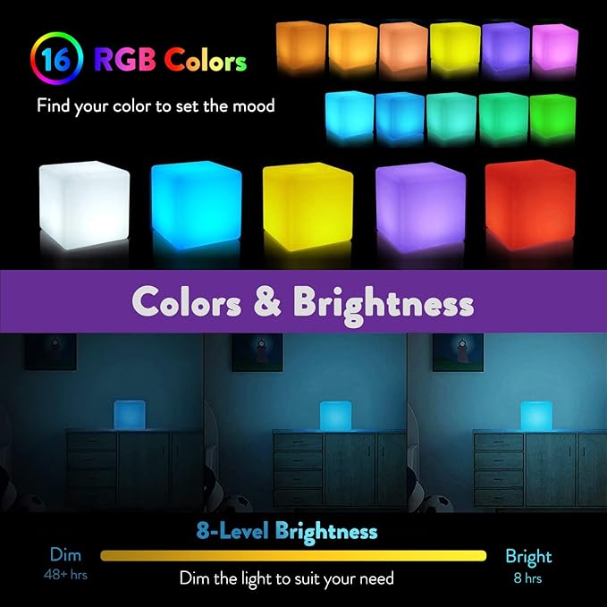 Mr.Go Rechargeable LED Color-Changing Light Cube 8", Dimmable Soothing Mood Lamp with Remote, 16 RGB Colors 4 Modes, Waterproof Cube Lights for Home Patio Party Accent Ambient Decorative Lighting