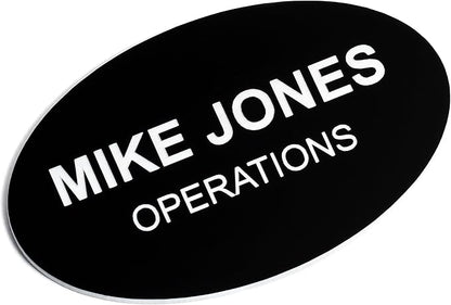 Custom Engraved Name Tag Badges – Personalized Identification with Pin or Magnetic Backing, 2.8 Inch Oval, Black/White