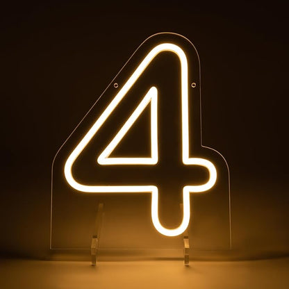Number 4 LED Neon Sign Backdrop Birthday Party Decoration, 11.3" Height Warm White Marquee Numbers Four Light Up Sign for Wedding Anniversary Window Wall Table, Indoor Battery Operated or USB