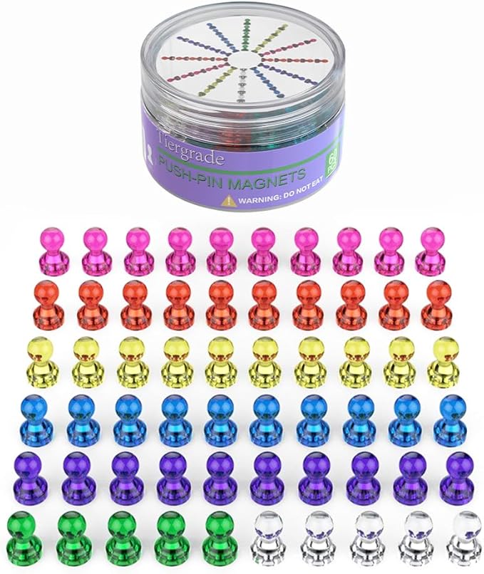 Push Pin Magnets - Tiergrade 60 Pack 7 Assorted Color Strong, Office, Use at Kitchen Home and School Classroom, for Refrigerator Dry Erase Board and Whiteboard.