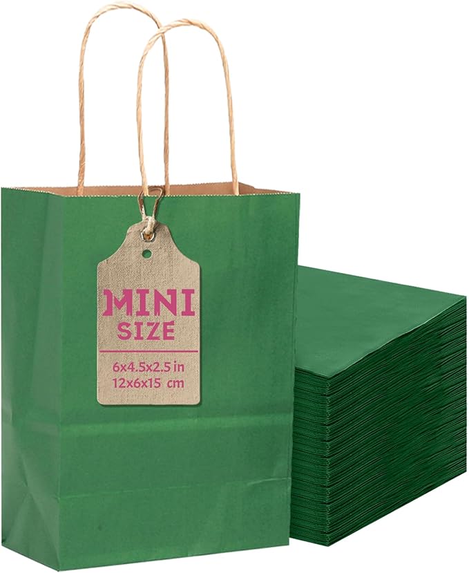 qiqee 24 Pcs Deep Green Mini Paper Gift Bags with Handles 6"x4.5"x2.5" Small Brown Kraft Party Favor Bags Treat Bags Multiple Uses (Mini size)